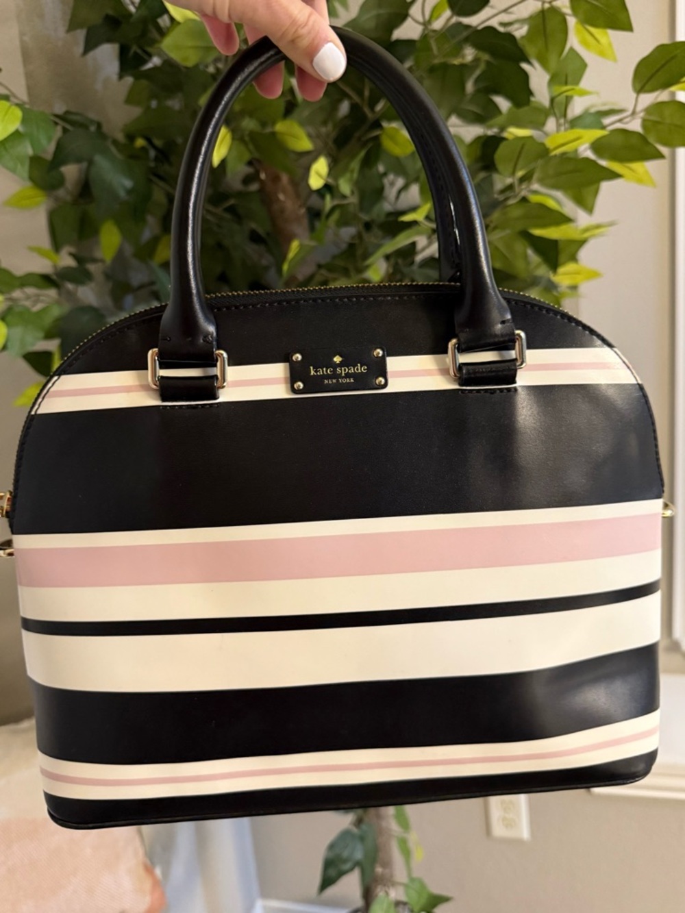 Kate Spade Black and Pink Striped Carli Grove Street Satchel